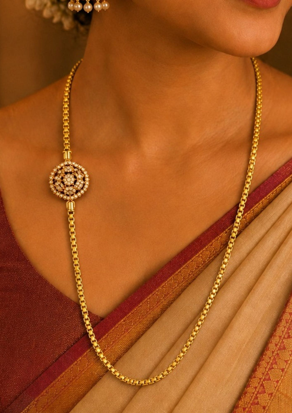 South Indian Women wearing 18K gold plated thalli chain featuring a dazzling round zircon centerpiece with premium craftsmanship and polished finish. Perfect for weddings, festivals, traditional wear, office wear, daily wear