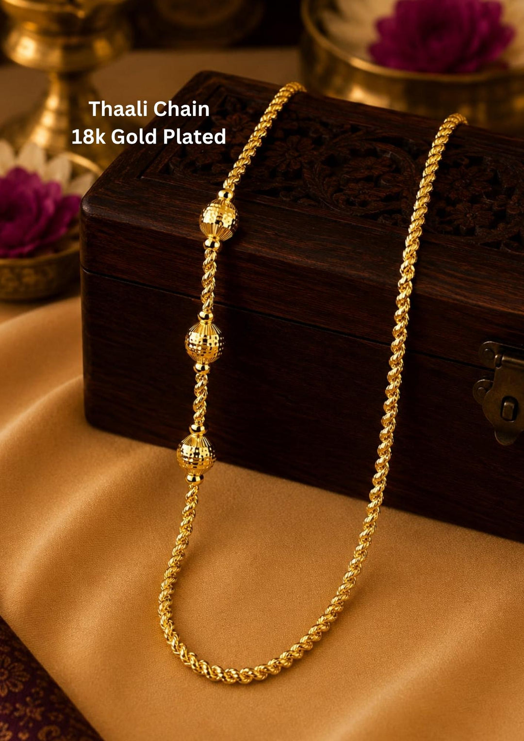 18K gold plated thalli chain featuring diamond-cut textured gold bead accents with a premium twisted chain design for festive and traditional wear.