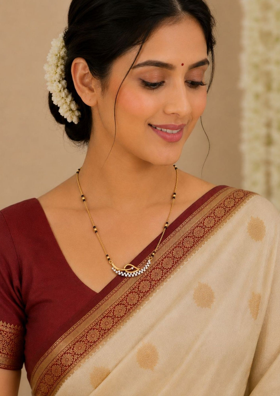 south indian women waering a Gold plate zircon diamond Mangalsutra  antitarnish Skin friendy ideal of Party wear , dailywear