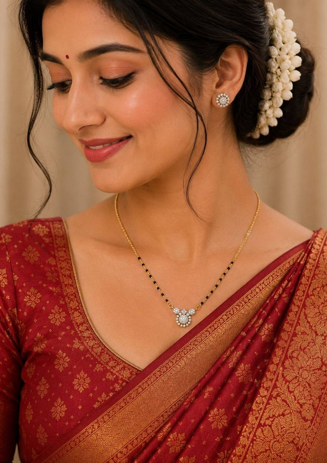 south indian women wearing a Zircon diamond 18k gold plated Mangalsutra with studs desigmed in floral patteren with zircon stones perfect for traditional look and dailywear, anti fade color
