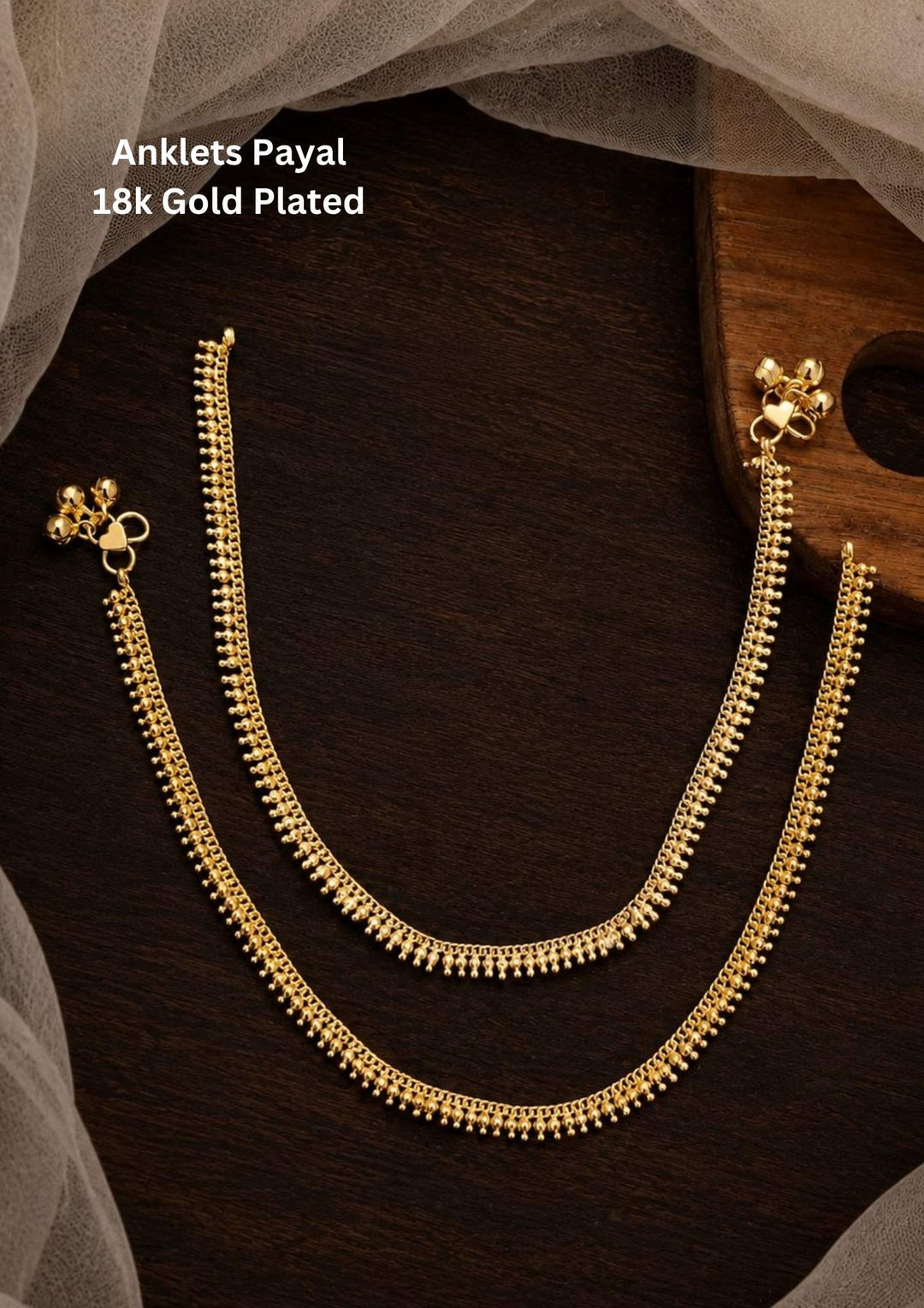 18K gold plated anklets payal pair with elegant double chain design, delicate gold bead detailing and lightweight minimal traditional pattern suitable for daily wear, festive occasions, temple visits, casual ethnic styling, sarees, kurtis, lehengas and modern outfits. This stylish anklet set gives a graceful South Indian traditional look with comfortable fitting, anti fade finish, skin friendly quality