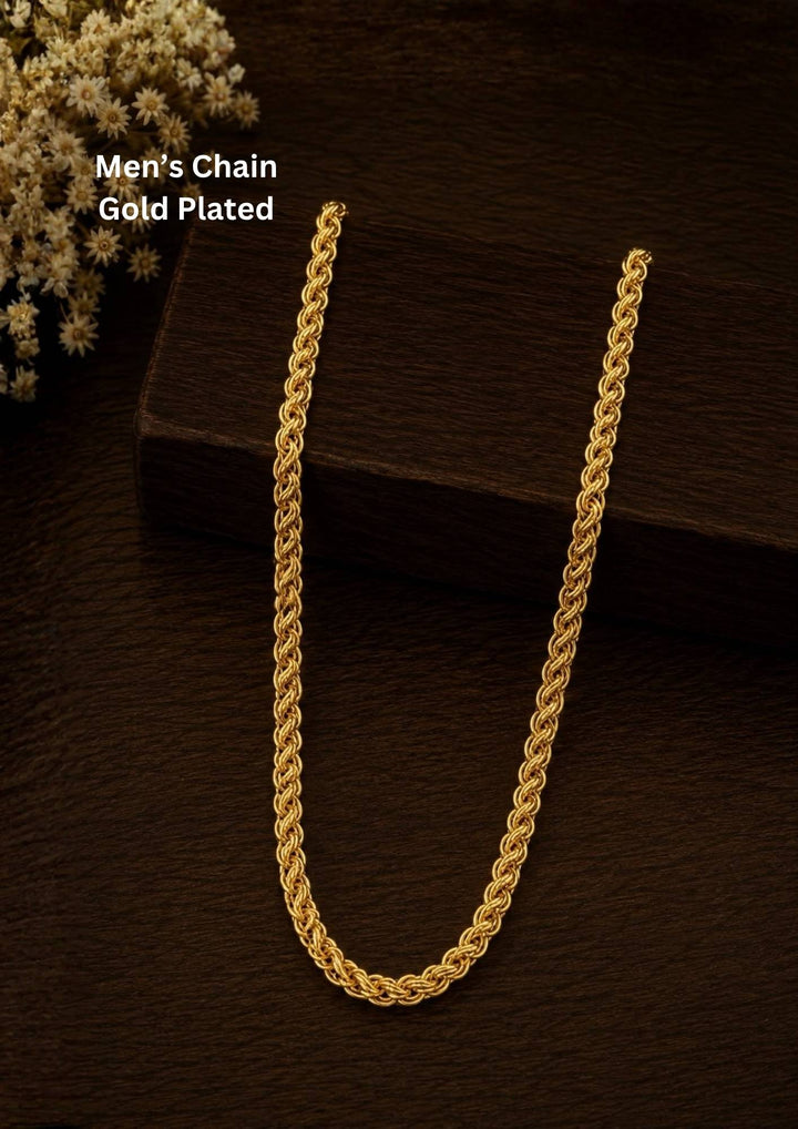 Gold plated rope chain necklace featuring elegant twisted link pattern with rich polished gold finish and stylish traditional design. This lightweight chain is crafted with detailed interlocked rope style links that provide a classy and premium appearance suitable for daily wear, office wear, casual outings, family gatherings, festivals, parties and traditional occasions with skin friendly quality, anti fade polish, comfortable fitting