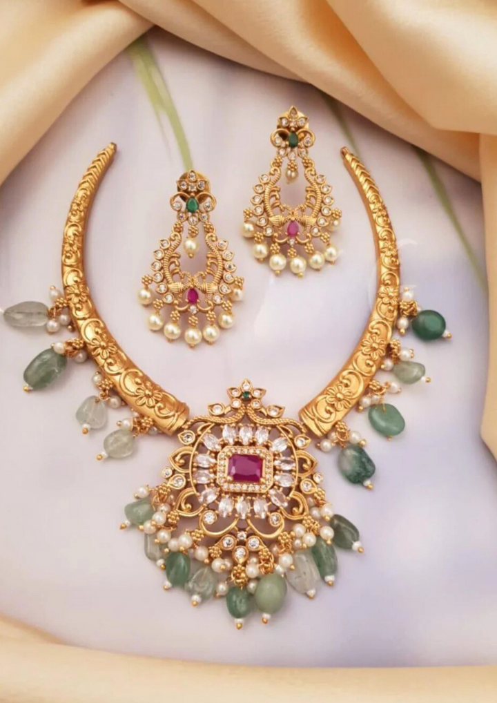 kundan and beads necklace with earrings ssg 10850