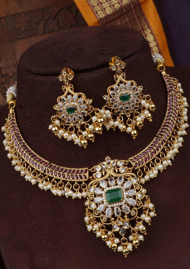 Kundan and beads matt finish necklace set with earrings LC 1016020