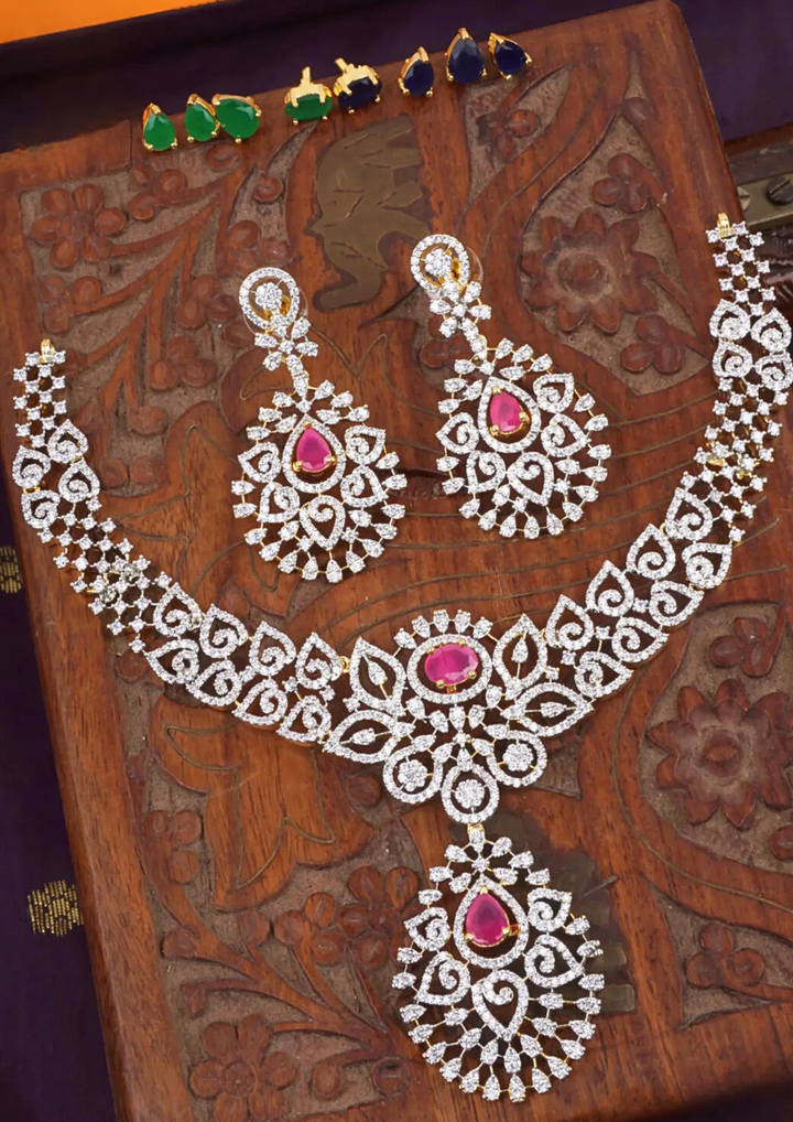 American diamond interchangeable stones (4 colors) necklace set  with earrings LC 1013520