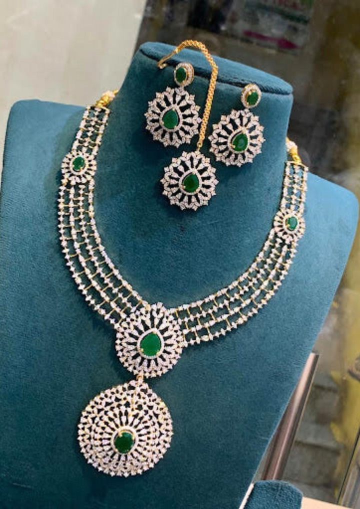American diamond necklace with earrings and mangtikka ssg 102250