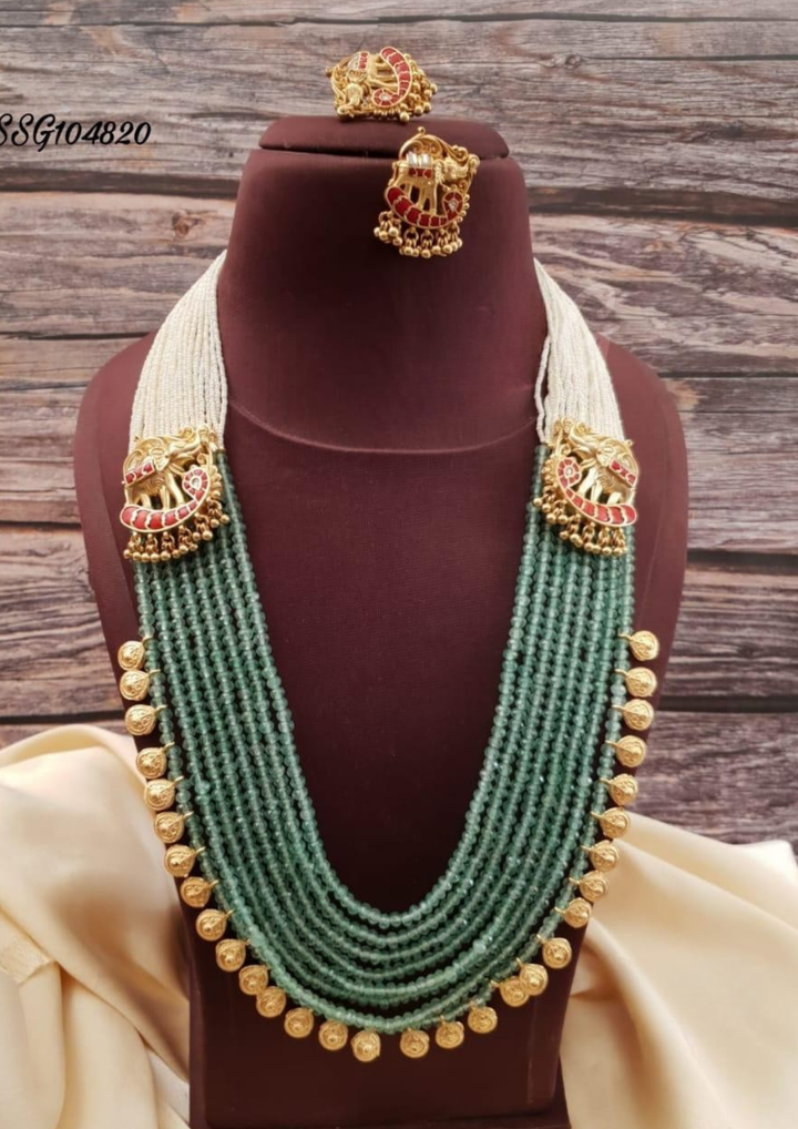 Jadau Kundan and beads necklace with earrings ssg 104820