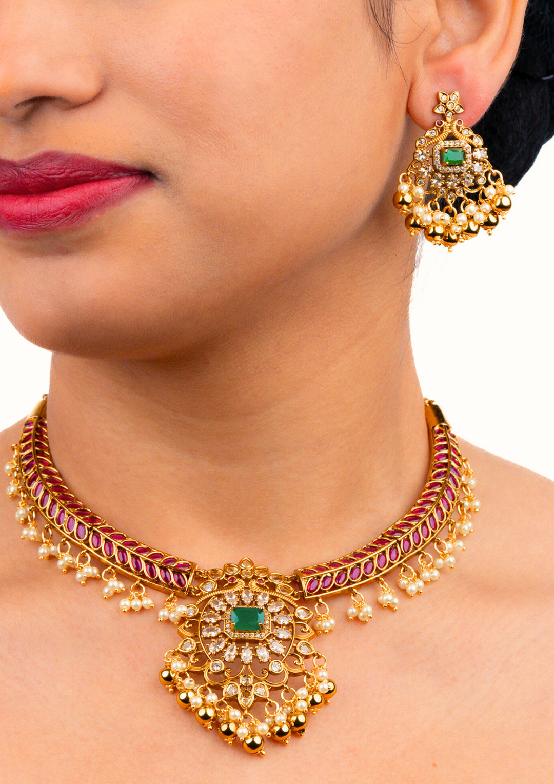 Kundan and beads matt finish necklace set with earrings LC 1016020