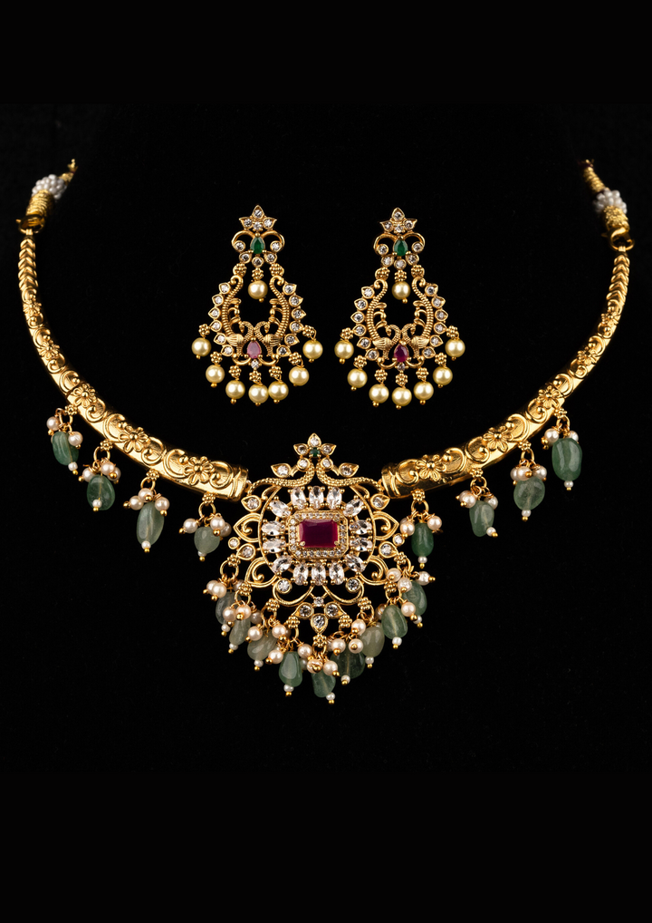 kundan and beads necklace with earrings ssg 10850