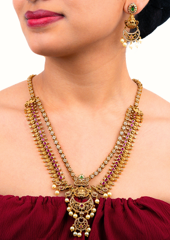 Kundan and beads Matt finish temple jewellery necklace set with earrings LC 1018020