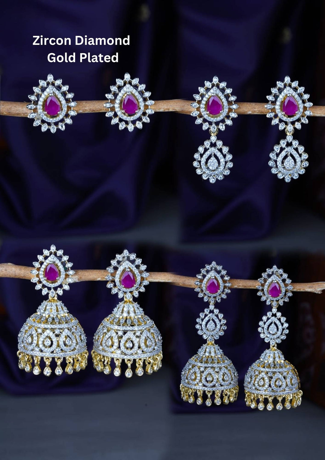 A premium collection of four distinct pairs of gold-plated earrings featuring brilliant white zircon diamonds and vibrant teardrop-shaped emerald pink stones. The assortment includes elegant halo stud earrings, multi-tiered crystal drops, and classic South Indian style hanging jhumkas adorned with intricate stone settings and tiny dangling gold beads, all beautifully arranged on a rustic branch against a deep purple fabric backdrop.