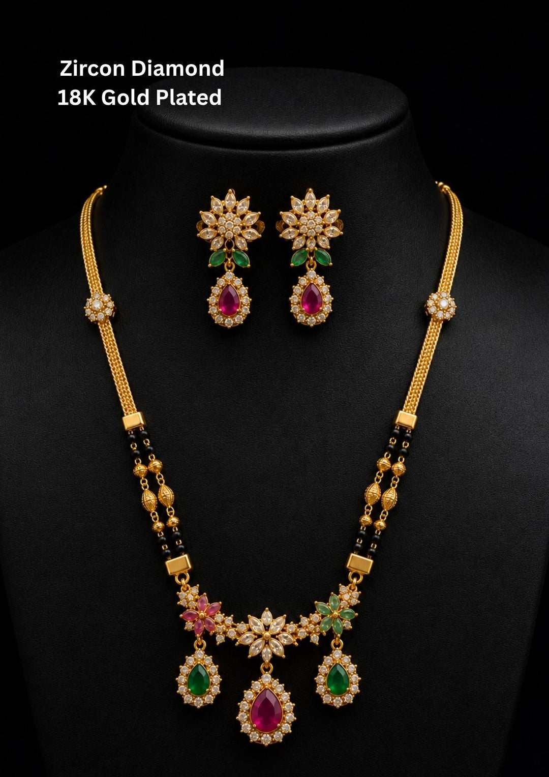 gold plated multi colour mangalsutra (nallapusallu) come with zircon diamond and its a traditional to all the women and can use for dailyware , festival ware , functional 