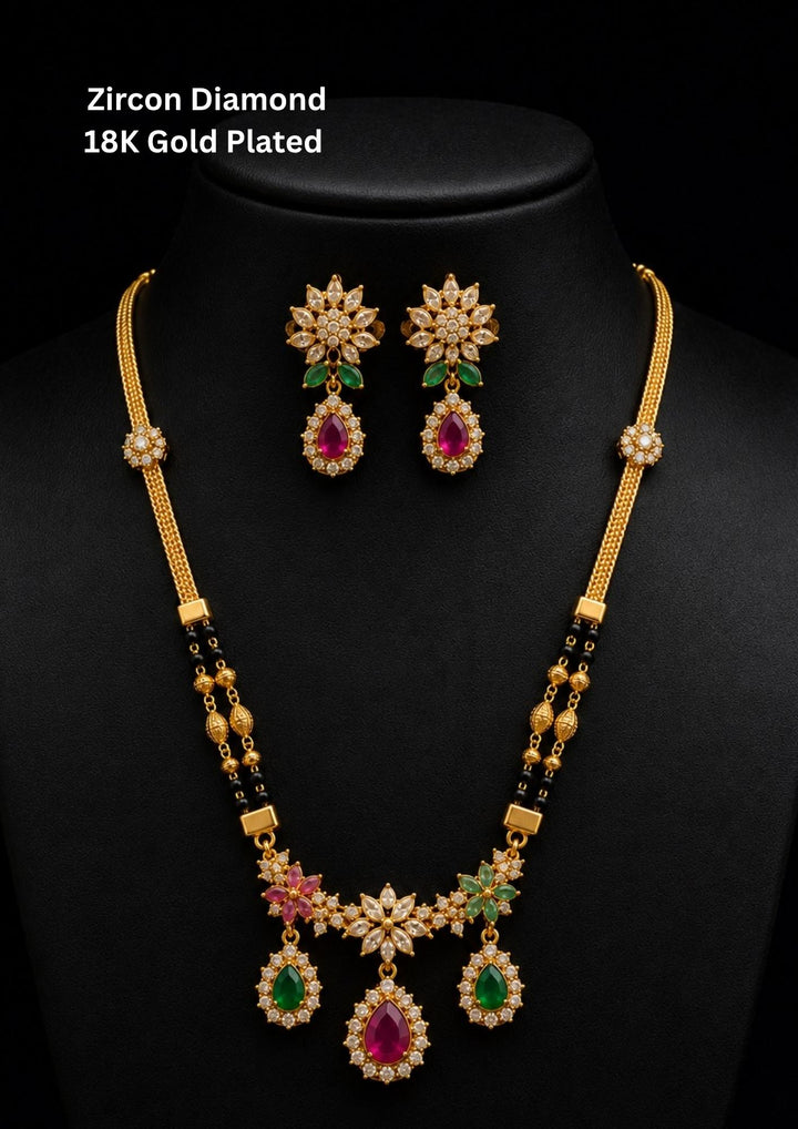 gold plated multi colour mangalsutra (nallapusallu) come with zircon diamond and its a traditional to all the women and can use for dailyware , festival ware , functional 