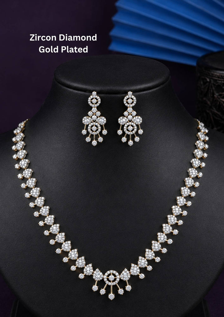Elegant American diamond necklace set featuring brilliant CZ stones with matching drop earrings, ideal for weddings, parties, and special occasions.