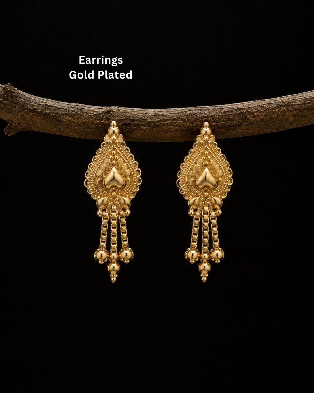 Premium gold plated traditional earrings featuring an ornate teardrop design with intricate craftsmanship, cascading chains, and delicate gold bead accents. Perfect for sarees, festive occasions, weddings, classical dance performances, and traditional events.