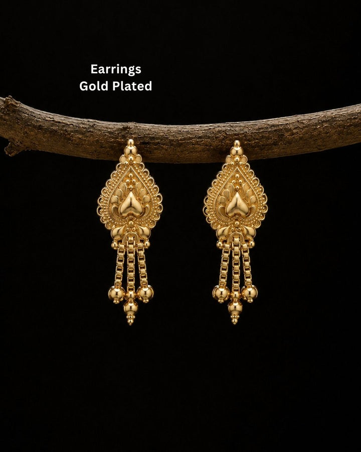 Premium gold plated traditional earrings featuring an ornate teardrop design with intricate craftsmanship, cascading chains, and delicate gold bead accents. Perfect for sarees, festive occasions, weddings, classical dance performances, and traditional events.