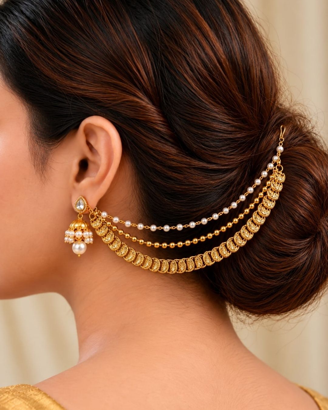 Gold plated traditional ear chains featuring pearl beads, gold ball chains, and intricately detailed antique gold links.