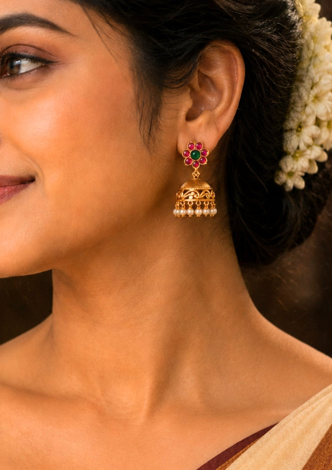 Close-up of a woman wearing traditional earrings 