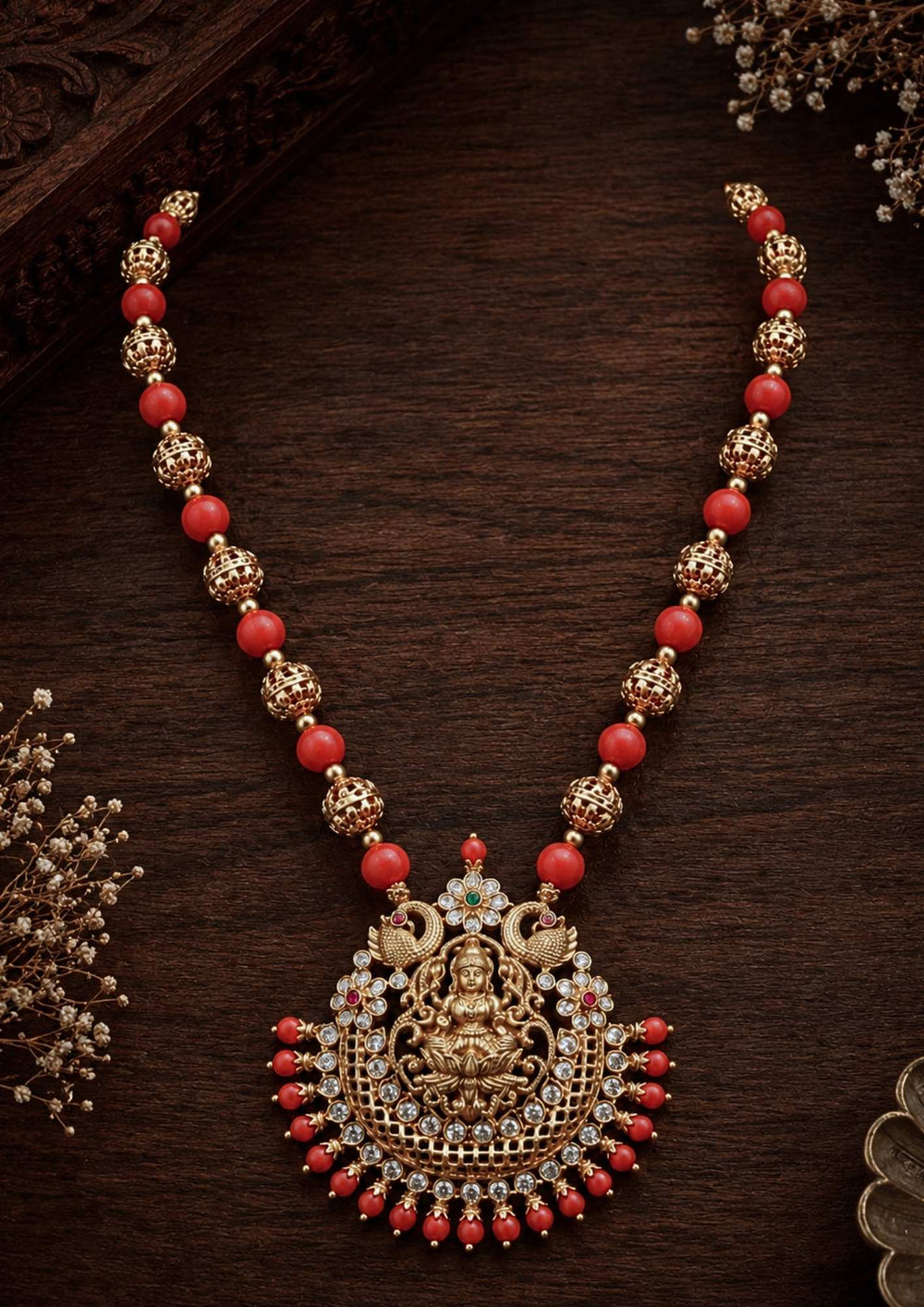 Gold Plated coral laxmi necklace single line with peacock design, intricate, delicate for functional wear, festive and used for taitional cermonys south indian women