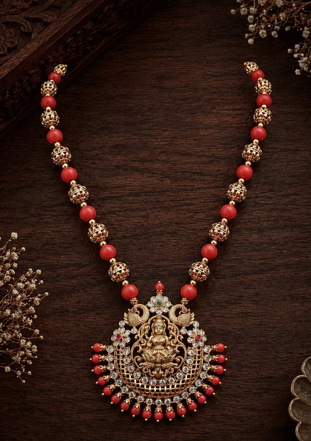 Gold Plated coral laxmi necklace single line with peacock design, intricate, delicate for functional wear, festive and used for taitional cermonys south indian women
