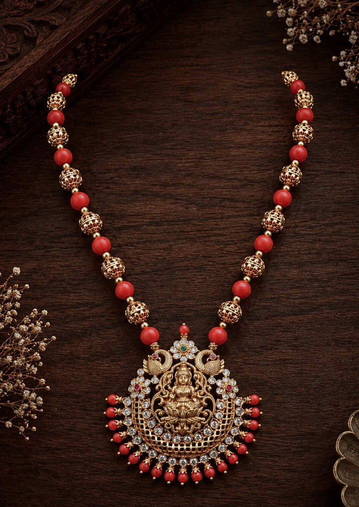 Gold Plated coral laxmi necklace single line with peacock design, intricate, delicate for functional wear, festive and used for taitional cermonys south indian women