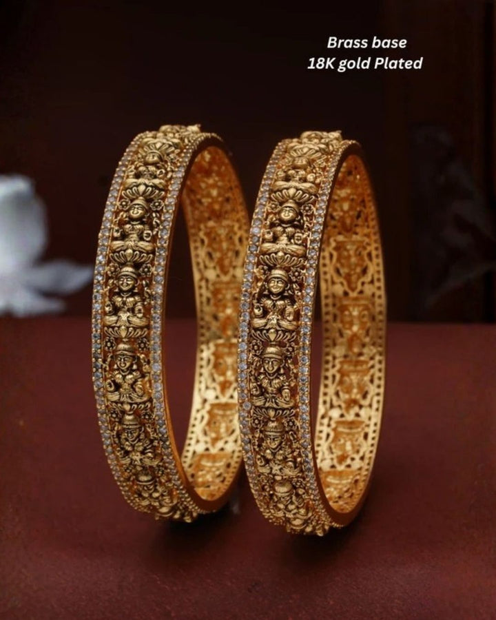 Elegant 18K gold plated designer bangles featuring repeated Goddess Lakshmi motifs, detailed craftsmanship, and zircon stone borders, perfect for festive and traditional wear.