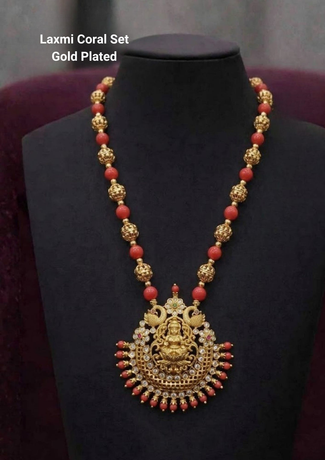 Gold Plated coral laxmi necklace single line with peacock design, intricate, delicate for functional wear, festive and used for taitional cermonys south indian women