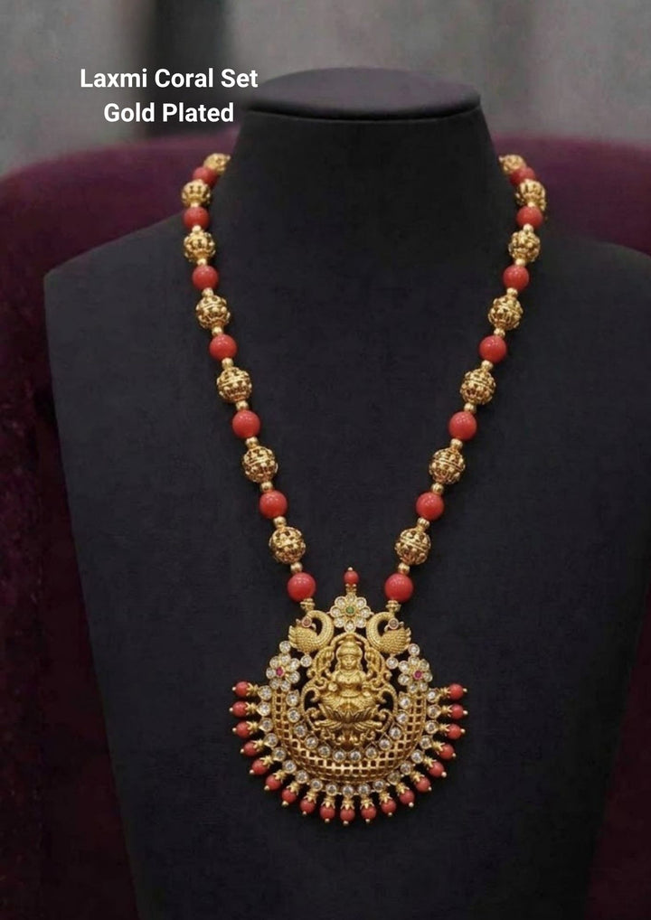 Gold Plated coral laxmi necklace single line with peacock design, intricate, delicate for functional wear, festive and used for taitional cermonys south indian women
