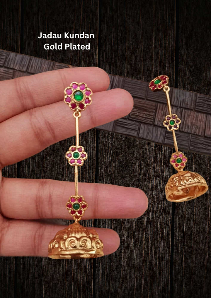 Jadau kundan gold plated light weight earrings with 3 flowers on earring shows very clear and looks very traditional and can be used for festivals, functions and for gifting 