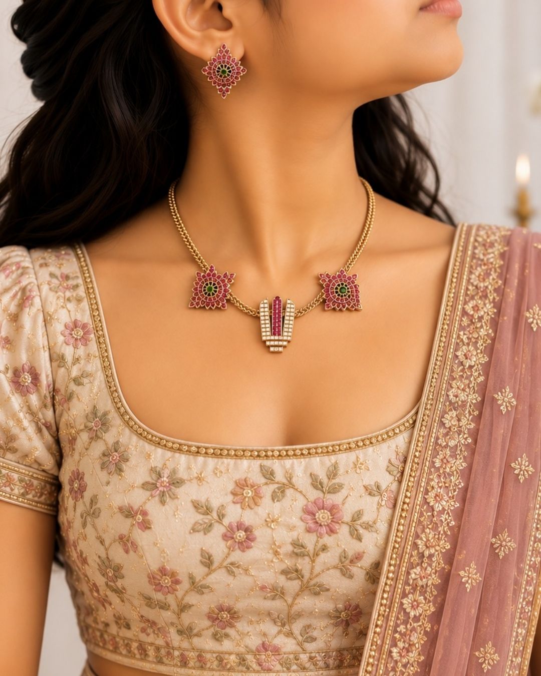 Beautiful multicolor stone gold plated necklace set featuring a delicate chain, floral-inspired design, and matching earrings. Perfect for festive occasions, traditional outfits, parties, and gifting.
