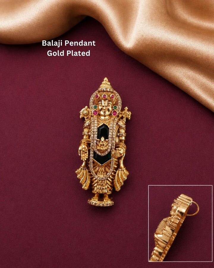 Beautiful Lord Venkateswara gold plated pendant featuring intricate temple-style detailing, colorful stones, and a traditional devotional design. Perfect for festive occasions, temple visits, traditional outfits, and gifting.