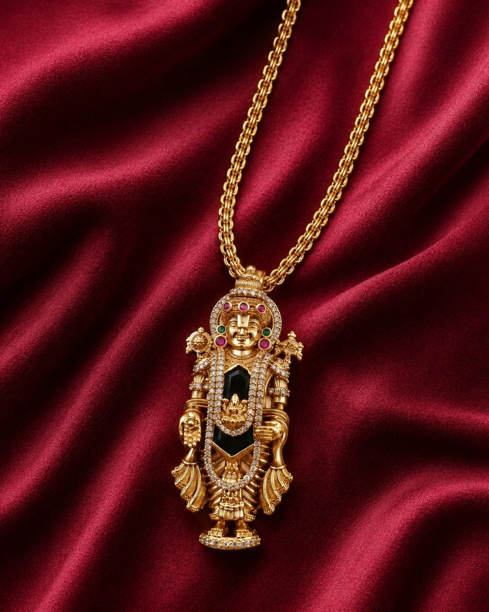 Beautiful Lord Venkateswara gold plated pendant featuring intricate temple-style detailing, colorful stones, and a traditional devotional design. Perfect for festive occasions, temple visits, traditional outfits, and gifting.