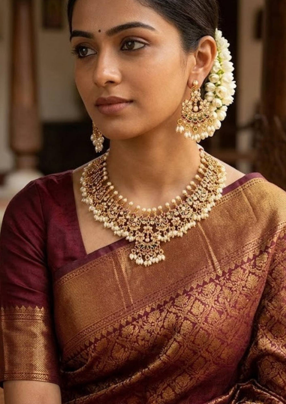 south indian women wearing a traditional kundan gold plated guttapusallu necklace set for traditional ware and in picture jewelry looks very shine and can be used for traditional ware, weeding's , festivals  
