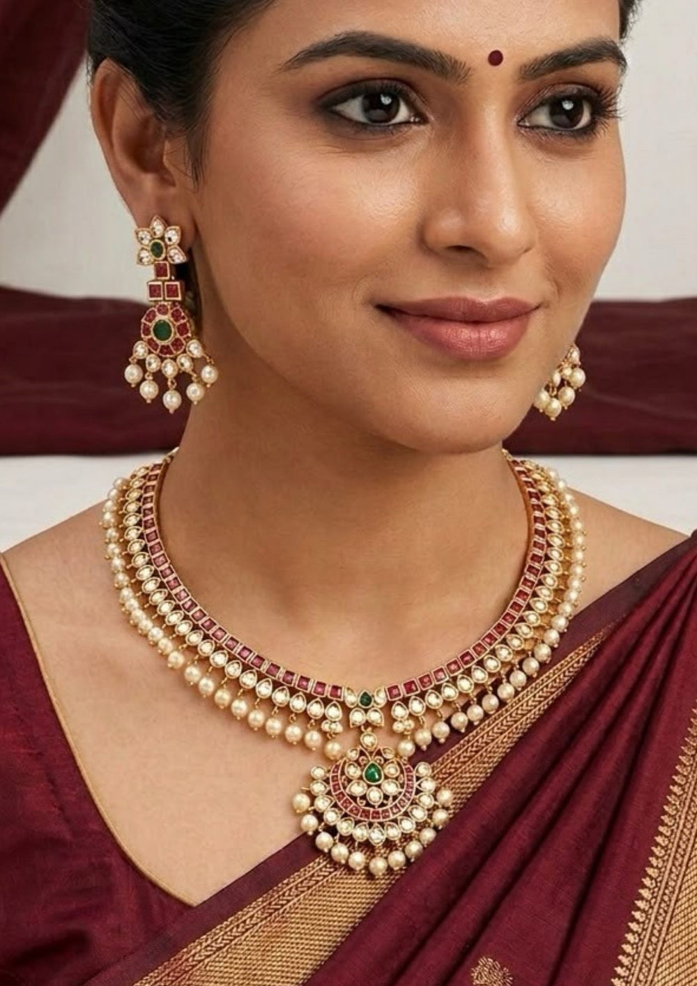 Woman wearing with gold jewelry Jadau Kundan gold plated necklace set with matching earrings featuring traditional ruby pink square stones, white kundan stones, pearl drop hanging design, floral patterns, antique temple style finish and green stone highlights. This elegant choker necklace is perfect for weddings, bridal wear, poojas, festivals, sarees, lehengas, Bharatanatyam performances and traditional South Indian ethnic outfits with lightweight comfortable fitting, skin friendly quality and Cash on Deli