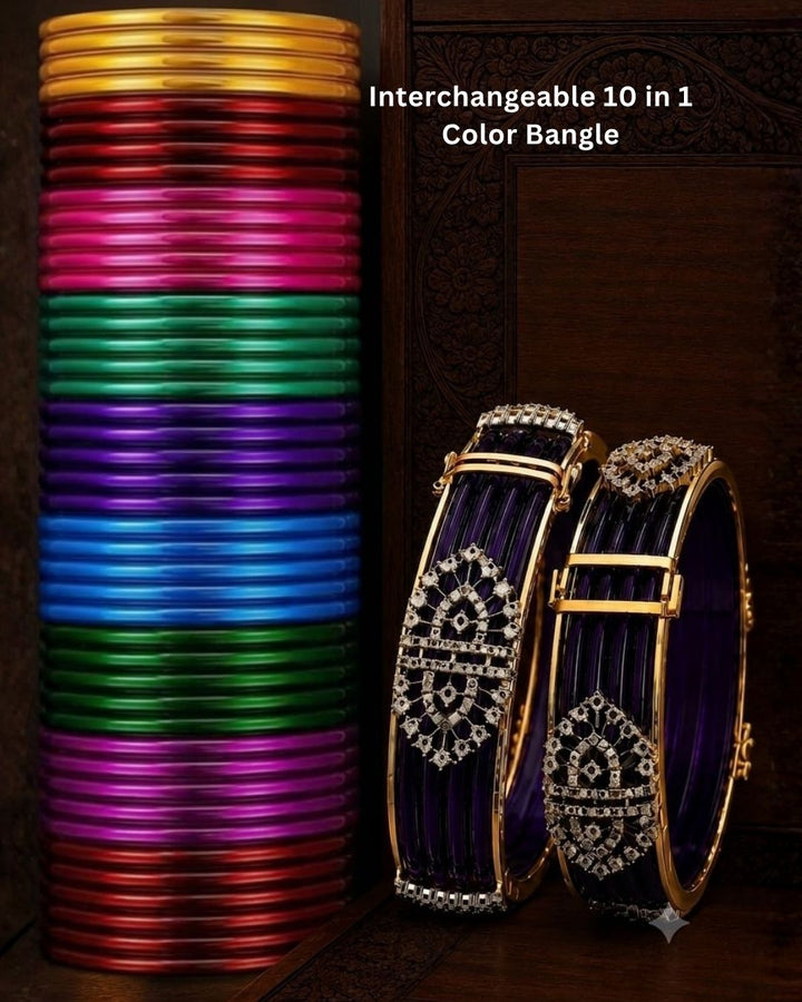 Beautiful multicolor bangles set paired with designer purple kadas featuring sparkling zircon detailing and premium craftsmanship. Perfect for weddings, festivals, traditional outfits, bridal wear, family functions, and premium gifting.