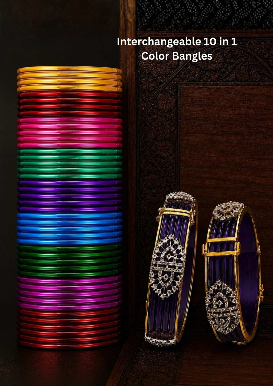 Beautiful multicolor bangles set paired with designer purple kadas featuring sparkling zircon detailing and premium craftsmanship. Perfect for weddings, festivals, traditional outfits, bridal wear, family functions, and premium gifting.