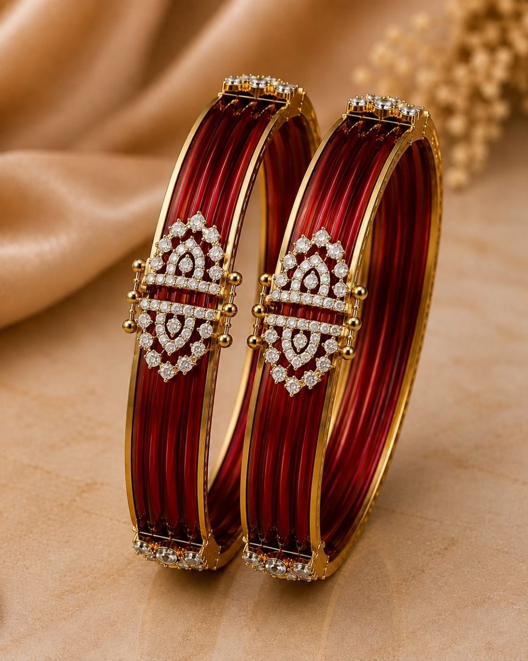 Beautiful diamond finish changeable bangles in red, featuring elegant gold detailing and sparkling stone work. Available in multiple colors, perfect for festive occasions, traditional outfits, daily wear, and gifting.