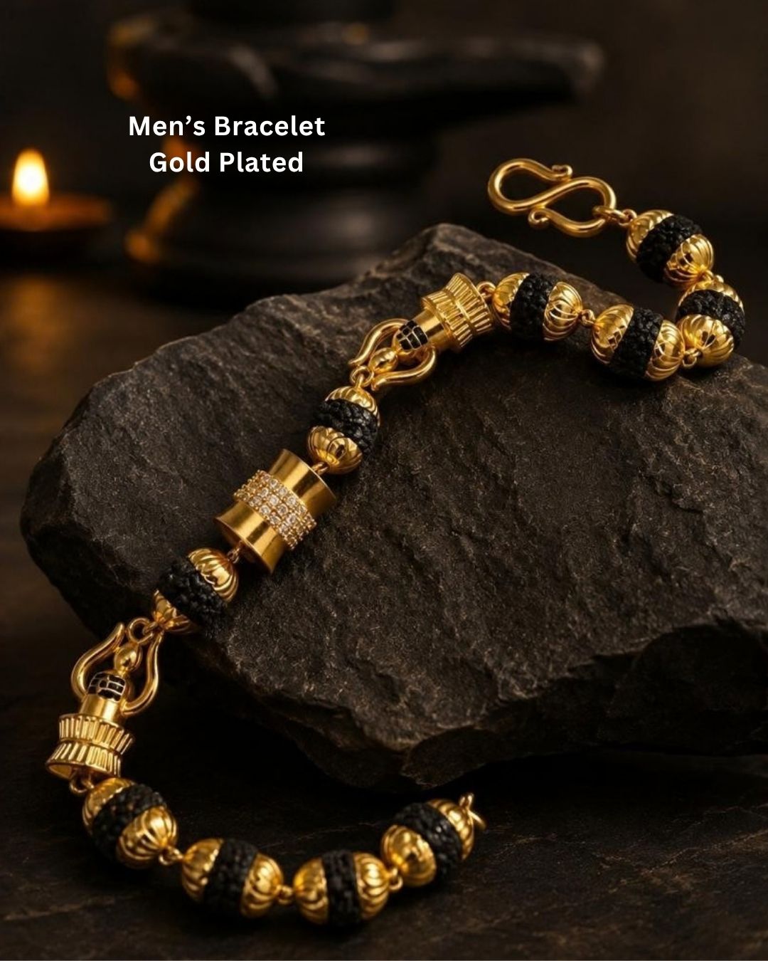 Elegant gold plated men’s bracelet featuring black textured beads, ornate gold accents, and a detailed clasp design, perfect for daily wear, festive occasions, and traditional looks.
