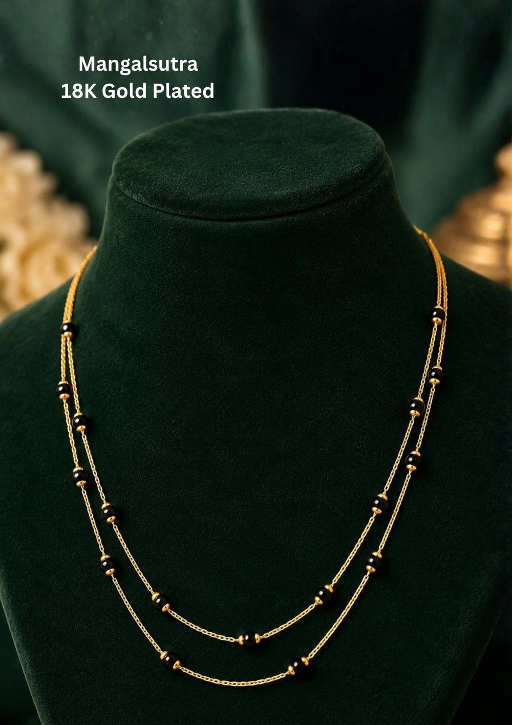 Beautiful 18K gold plated double layer black beads mangalsutra chain featuring a sleek minimalist design and elegant craftsmanship. Perfect for daily wear, office wear, festive occasions, traditional outfits, and premium gifting.