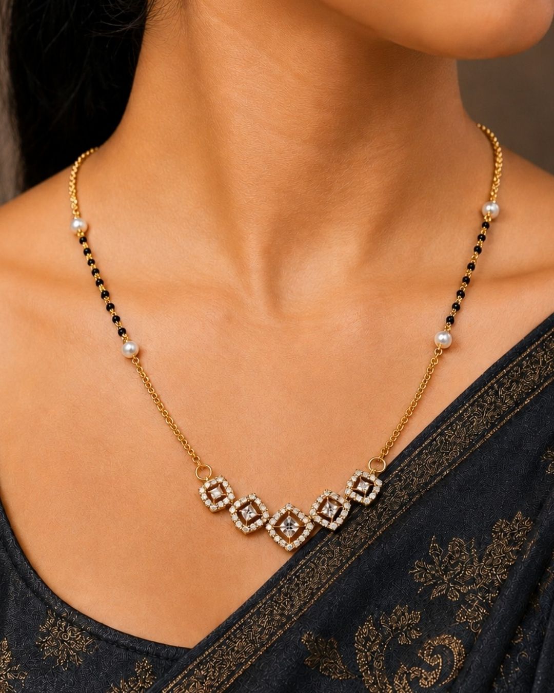 Beautiful black beads gold plated necklace set featuring a delicate chain, pearl accents, sparkling geometric pendant, and matching earrings. Perfect for daily wear, festive occasions, traditional outfits, and gifting.