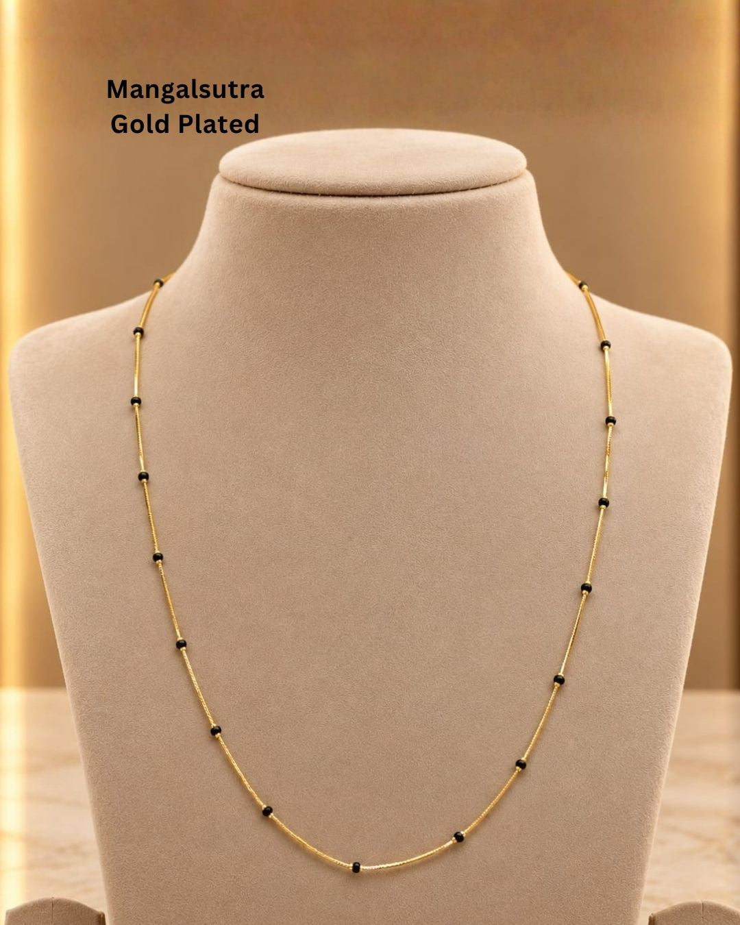 Beautiful Mangalsutra featuring a delicate gold plated chain with traditional black beads arranged along the chain. Perfect for daily wear, office wear, traditional outfits, festive occasions, and gifting.