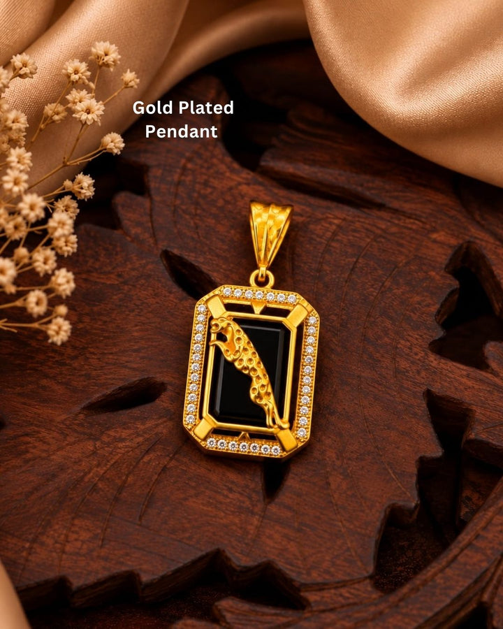 Beautiful gold plated pendant featuring a polished black onyx-style center, intricate peacock motif, decorative gold frame, and sparkling stone detailing, perfect for festive occasions, parties, weddings, and traditional looks.