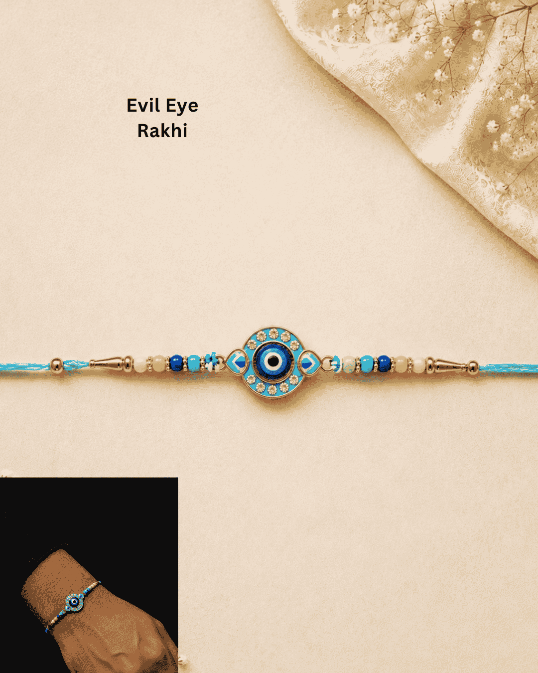 Premium Evil Eye Designer Rakhi with a blue enamel evil eye centerpiece, beaded accents, and durable thread, perfect for Raksha Bandhan gifting.