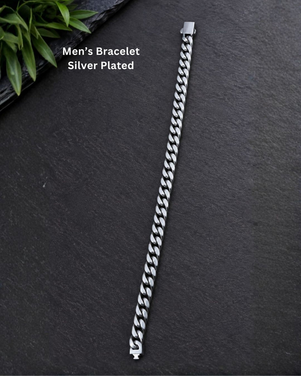 Elegant silver plated men’s bracelet with a bold Cuban link chain design, polished finish, and secure clasp, ideal for everyday and casual wear.