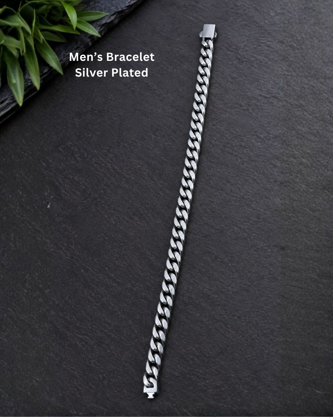 Elegant silver plated men’s bracelet with a bold Cuban link chain design, polished finish, and secure clasp, ideal for everyday and casual wear.