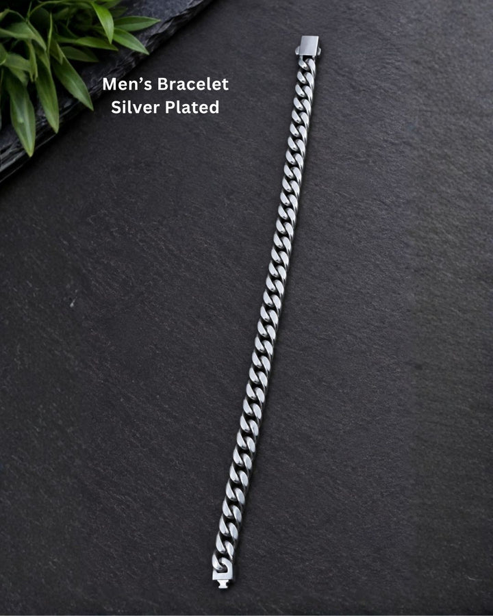 Elegant silver plated men’s bracelet with a bold Cuban link chain design, polished finish, and secure clasp, ideal for everyday and casual wear.
