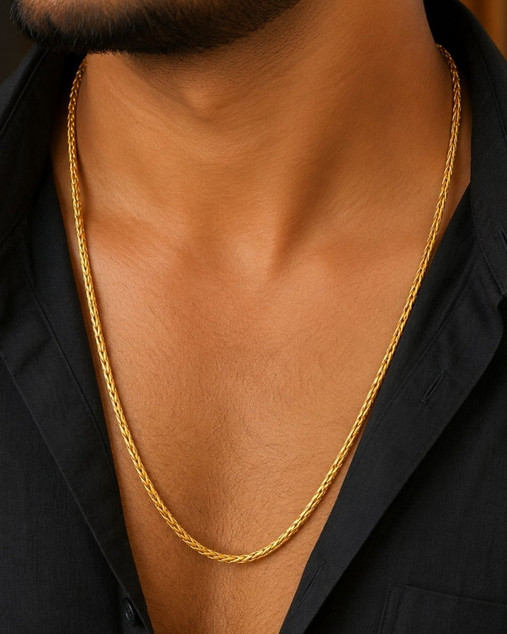 Beautiful gold plated long chain featuring a delicate woven pattern throughout the design. Perfect for traditional wear, festive occasions, daily wear, layering, and gifting.