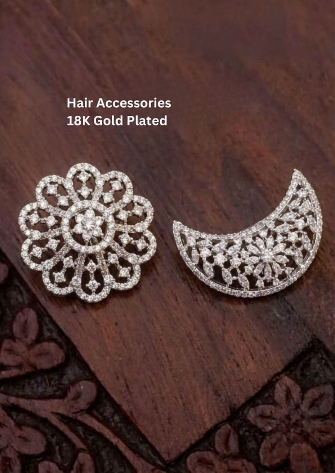 A pair of silver-toned hair accessories One piece is a floral filigree brooch and the other is a crescent moon-shaped brooch, both adorned with clear stones. Premium bridal hair accessories crafted with shimmering zircon stones in floral and crescent patterns. Ideal for bridal hairstyles, weddings, receptions, festivals, and traditional occasions.