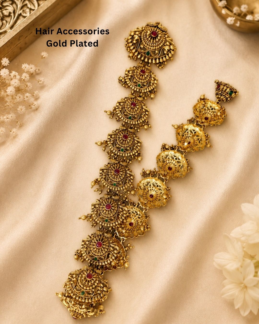 Beautiful antique temple gold plated Jada Billalu featuring intricately handcrafted traditional medallions, ruby and green stone detailing, and classic South Indian artistry. Perfect for bridal hairstyles, weddings, festivals, Bharatanatyam, Kuchipudi performances, and premium gifting.