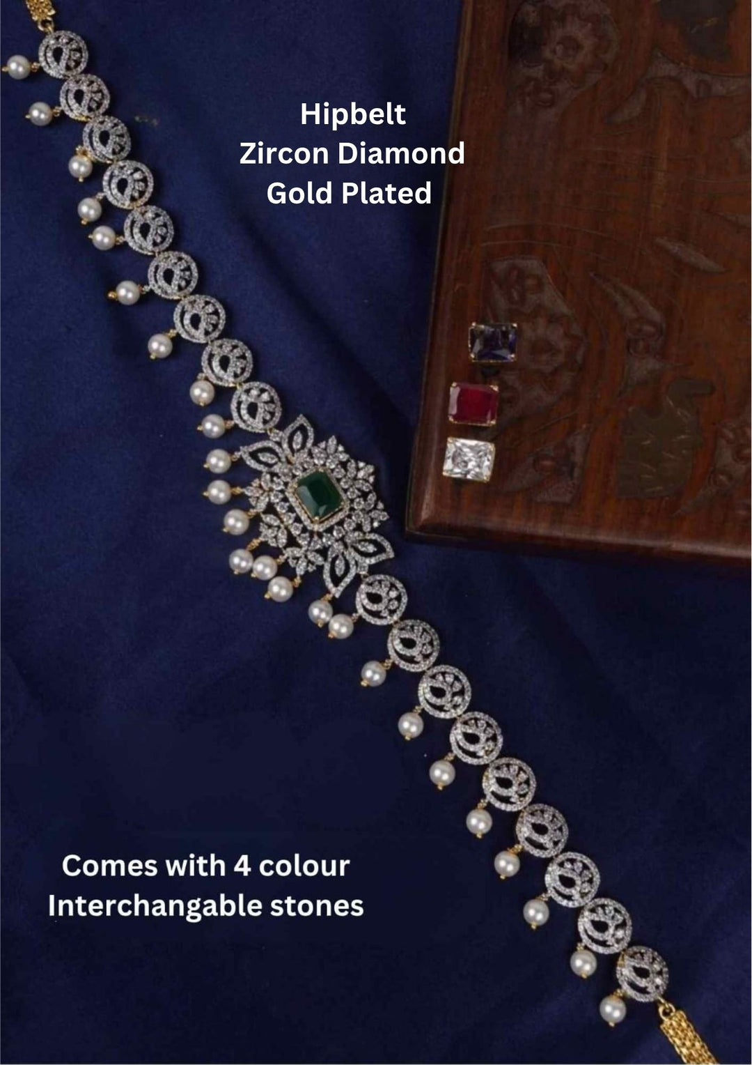 Elegant zircon diamond gold plated hip belt featuring pearl drops, a floral centerpiece with interchangeable colored stones, and premium craftsmanship. Perfect for weddings and festive occasions.
